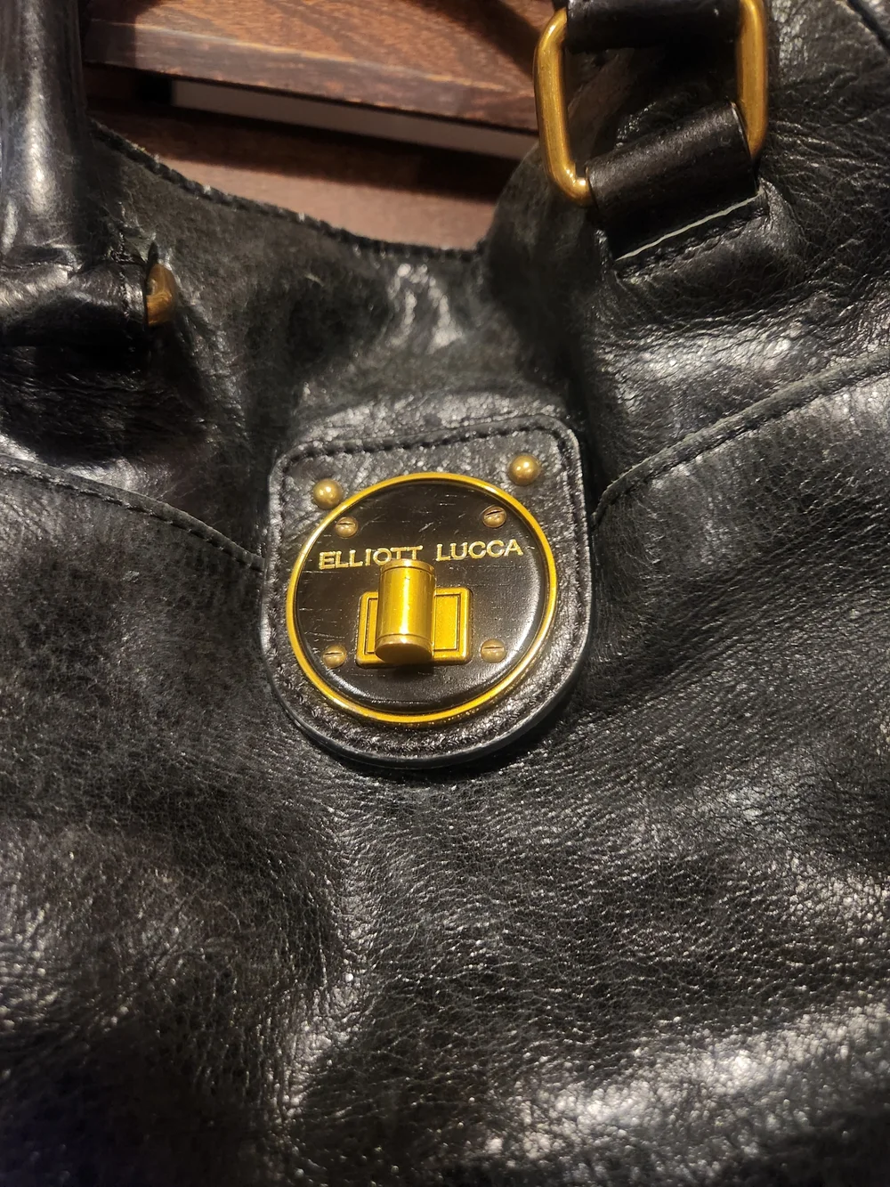 Elliott Lucca Black Leather Crossbody Satchel with Gold Hardware